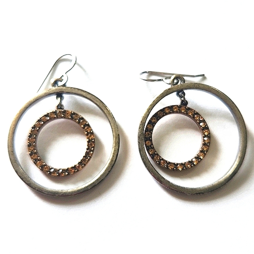 Gold and Silver Hoop Earrings Peach Crystals Dangle